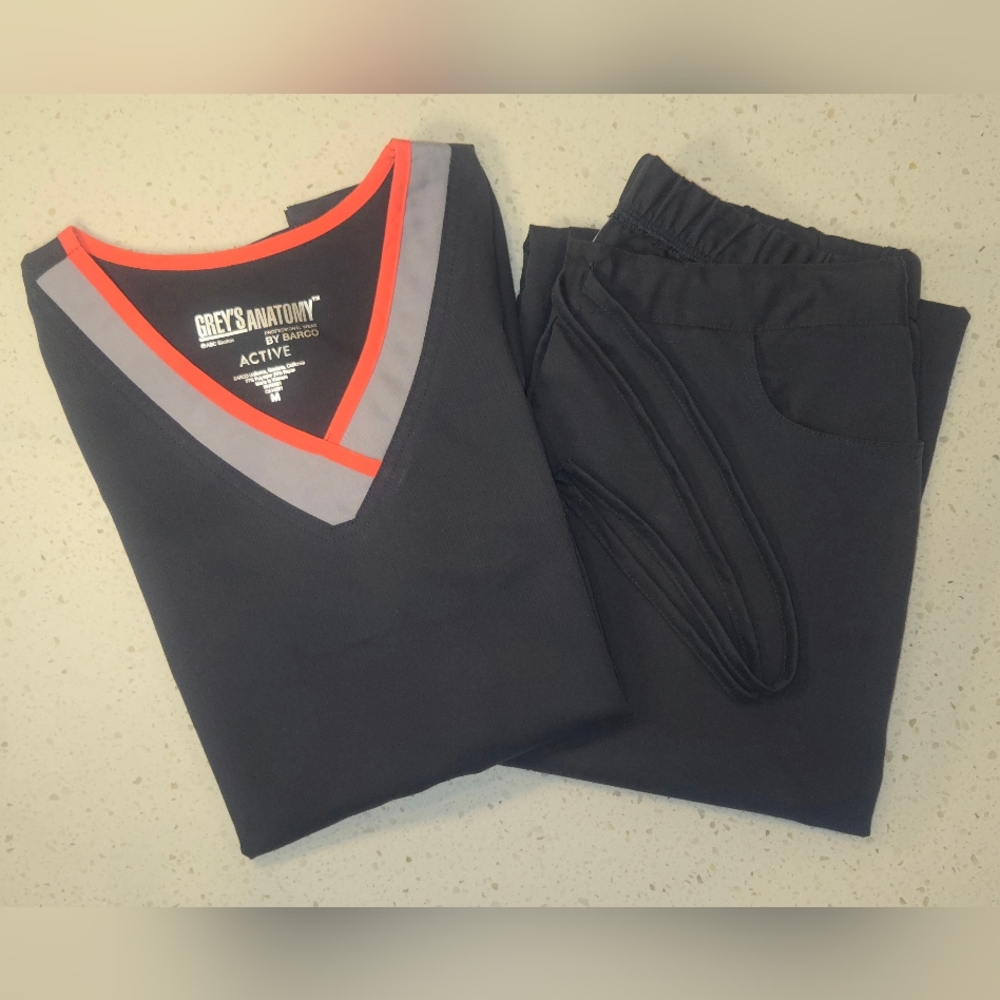 Grey's Anatomy Black Scrub Set with Coral and Gray Trim